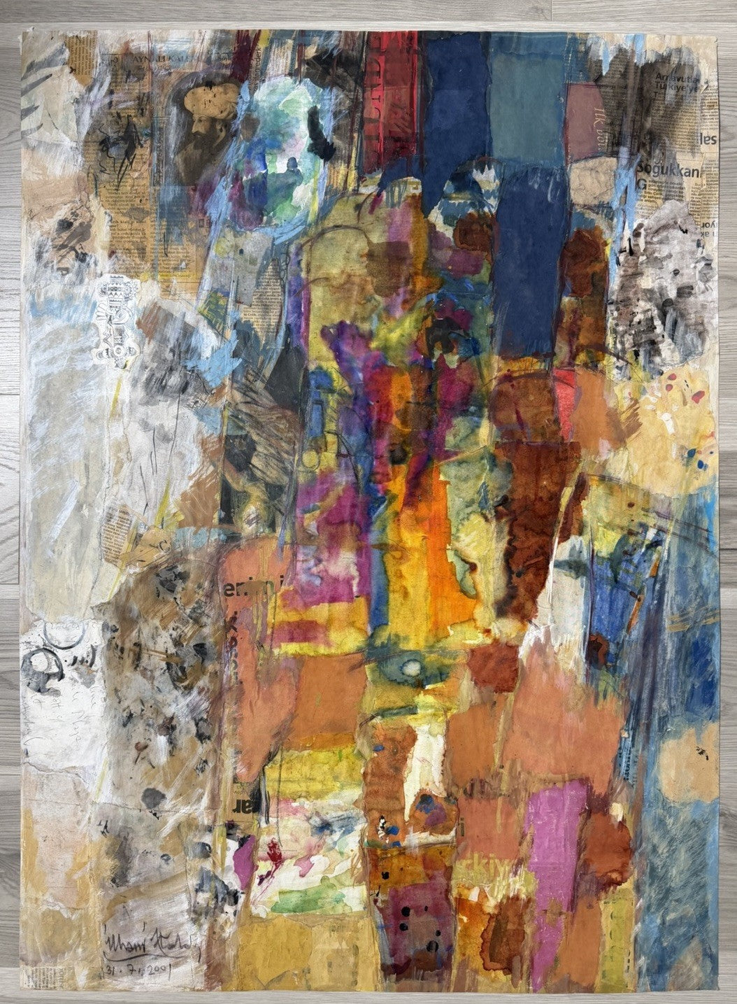 Signed 2001 Turkish Fine Art Multimedia Collage 27” x 38” Türkiye Ready To Frame0