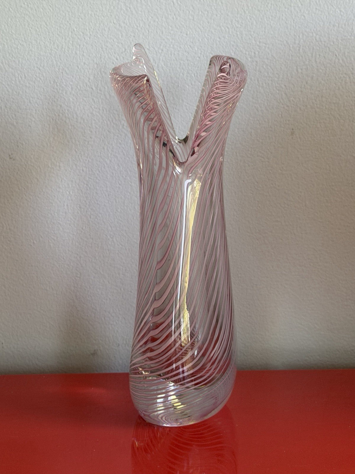 Art Glass Vase 12” Murano? Czech? 80s 90s Mod White Pink & Clear Lattice Estate2