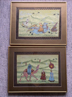 Silk Painting Pair Art ESTATE FIND Antique 19th c Rajasthan India Hunting Scenes