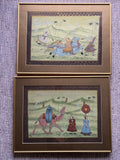 Silk Painting Pair Art ESTATE FIND Antique 19th c Rajasthan India Hunting Scenes