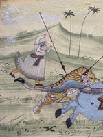 Silk Painting Pair Art ESTATE FIND Antique 19th c Rajasthan India Hunting Scenes