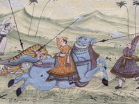 Silk Painting Pair Art ESTATE FIND Antique 19th c Rajasthan India Hunting Scenes