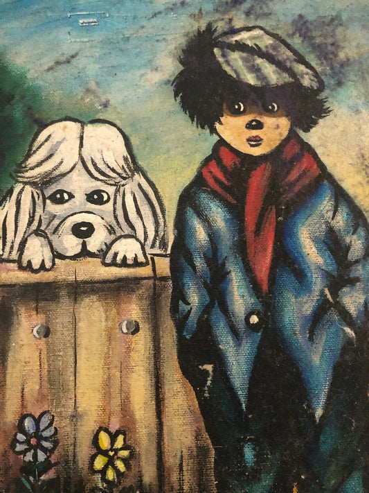 Mod MCM Painting STREET URCHIN WITH DOG Retro Signed Sad Eyes Vintage Kitsch