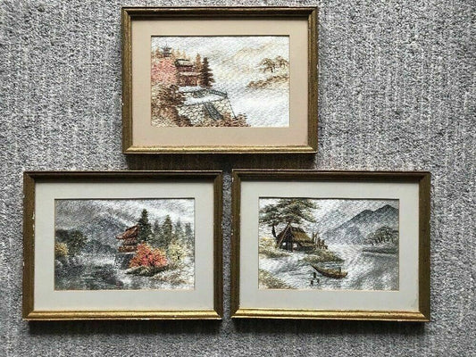Japanese Embroidery Silk 3 MCM Midcentury Modern 1950s Hollywood Regency Framed