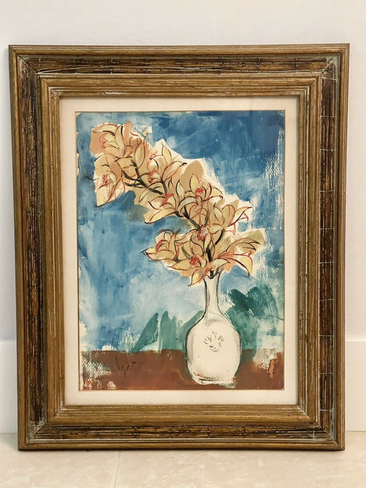 Original Art Watercolor Painting Still Life Flowers Signed MCM Modernist Framed