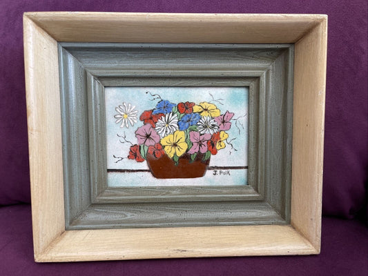 Original Enamel on Copper Painting Signed J. POLK Flower Basket Still Life MCM