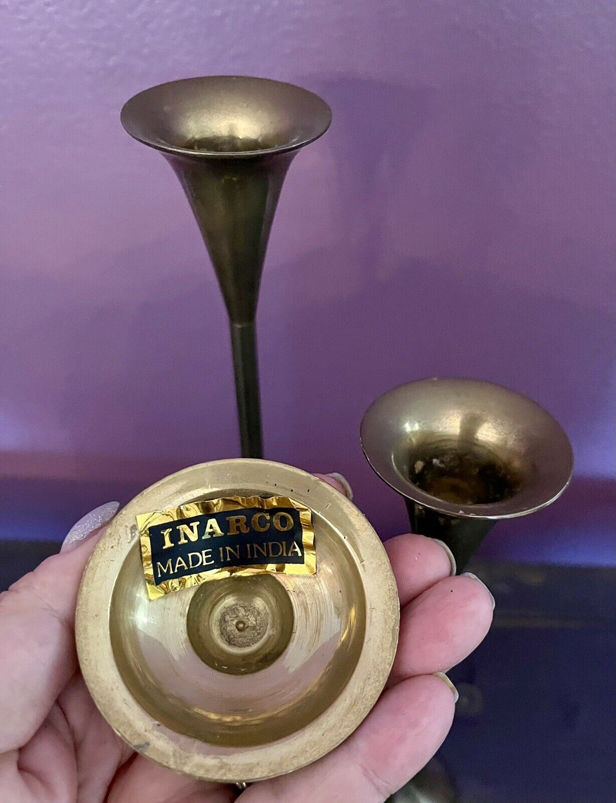 Vintage MCM Modernist Brass Candlestick Trio Candle Holders INARCO India Heavy