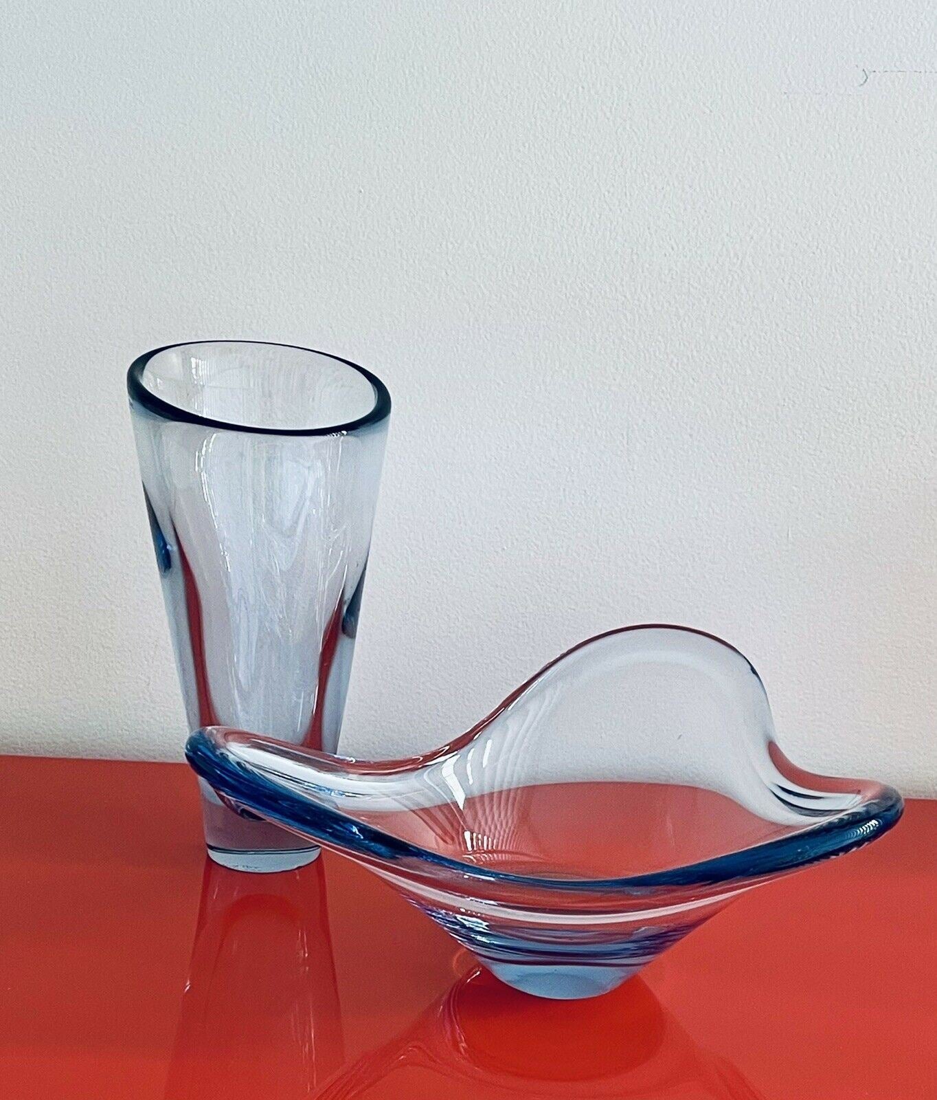 Holmegaard Freeform Glass Bowl and Vase Set Signed Per Lutken Vintage Retro MCM