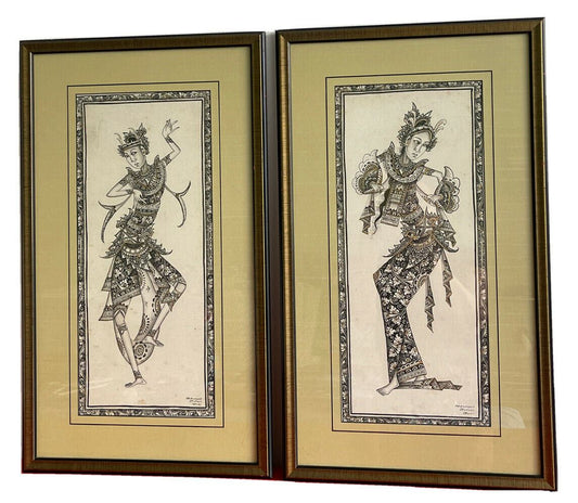Batuan Bali Silk Paintings Art TIKI Dancers Framed Pair Hollywood Regency Mod
