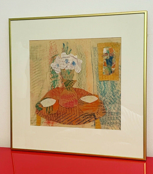 Vintage Abstract Dimensional Mixed Media Art Naïve Still Life 19” x 19” Canada