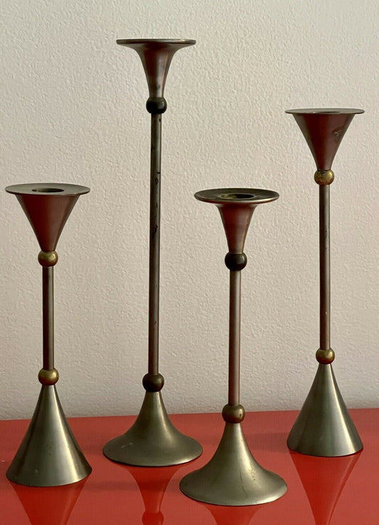 Vintage MCM Brass Candlestick Group Postmodern Memphis Milano Style 8” 10” 12”
