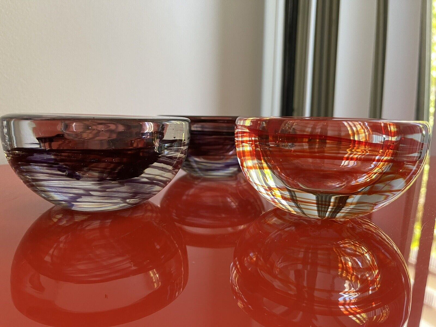 KOSTA BODA Glass Votive Candle Holders Lot of 3 Purple Red SWIRL