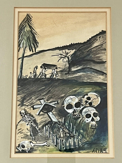 Creepy Modernist Art Watercolor Gouache 60s 70s Eerie Funeral Grave Skulls ARIAS
