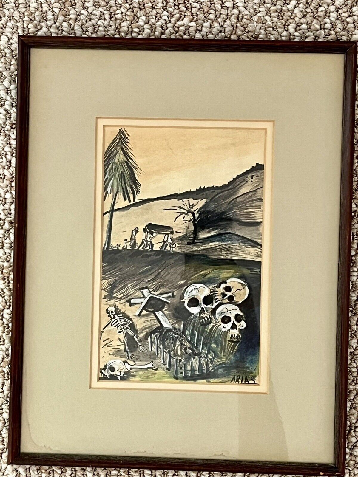 Creepy Modernist Art Watercolor Gouache 60s 70s Eerie Funeral Grave Skulls ARIAS