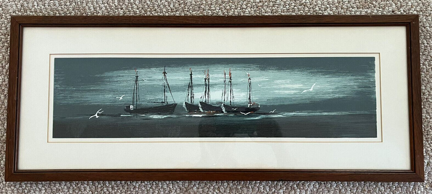 MCM Modernist Nautical Sailboats Panoramic Fine Art Print Vintage 50s 60s Framed
