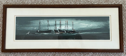 MCM Modernist Nautical Sailboats Panoramic Fine Art Print Vintage 50s 60s Framed