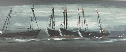 MCM Modernist Nautical Sailboats Panoramic Fine Art Print Vintage 50s 60s Framed