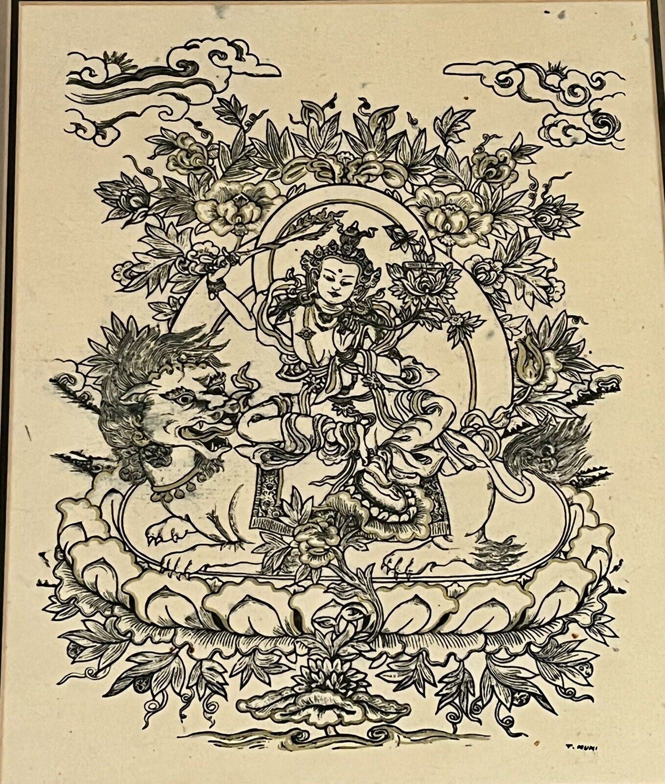 T Muni Buddhist Ink & Gold PAIR Australian Artist Framed Mandala Goddess Dharma