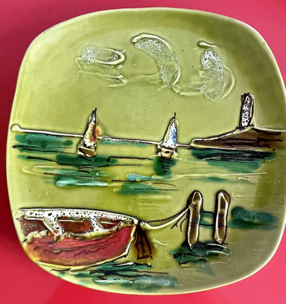 Mod Vintage MCM 1960s Hand Painted Ceramic Relief Landscape Display Plates ITALY