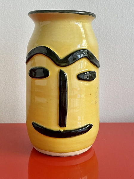 Mod Vintage MCM 1960s Hand Painted Picasso Style Art Pottery Ceramic Vase 6.5”