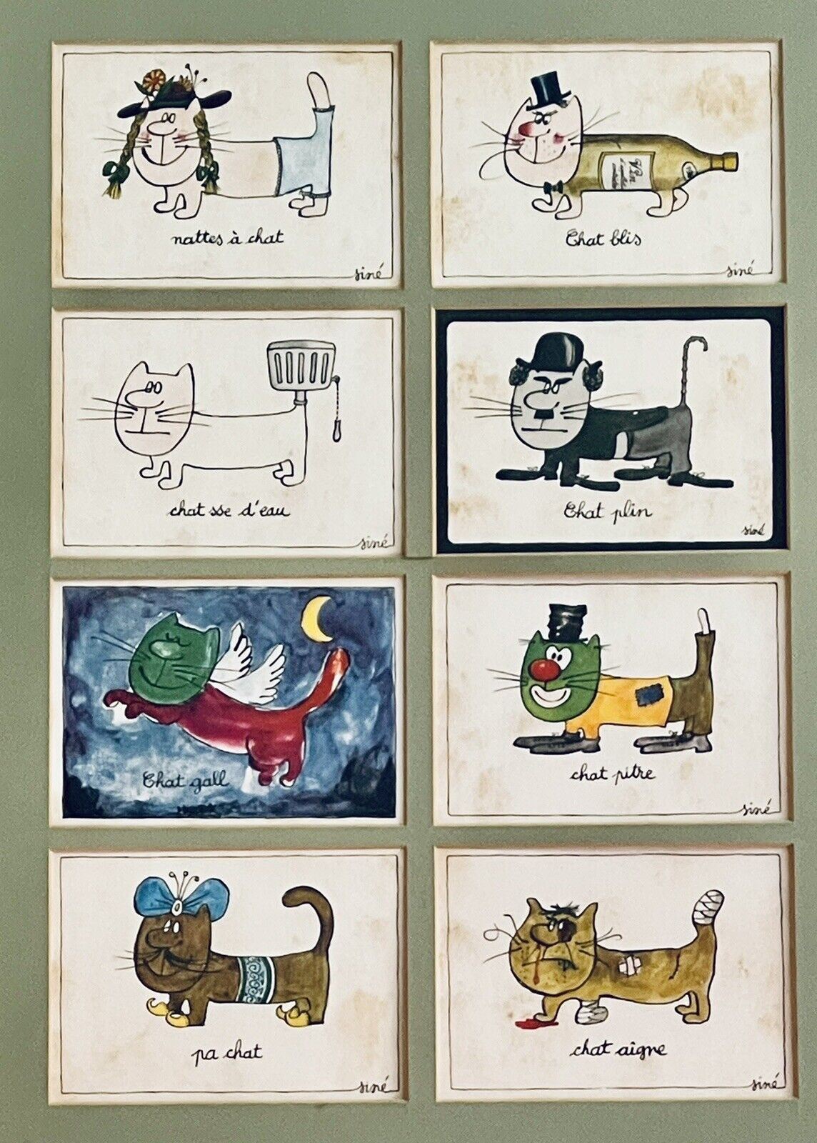 Framed Siné French Cat Postcards 60s 70s Visual Puns Cartoonist Maurice Sinet