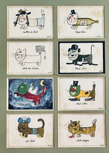 Framed Siné French Cat Postcards 60s 70s Visual Puns Cartoonist Maurice Sinet