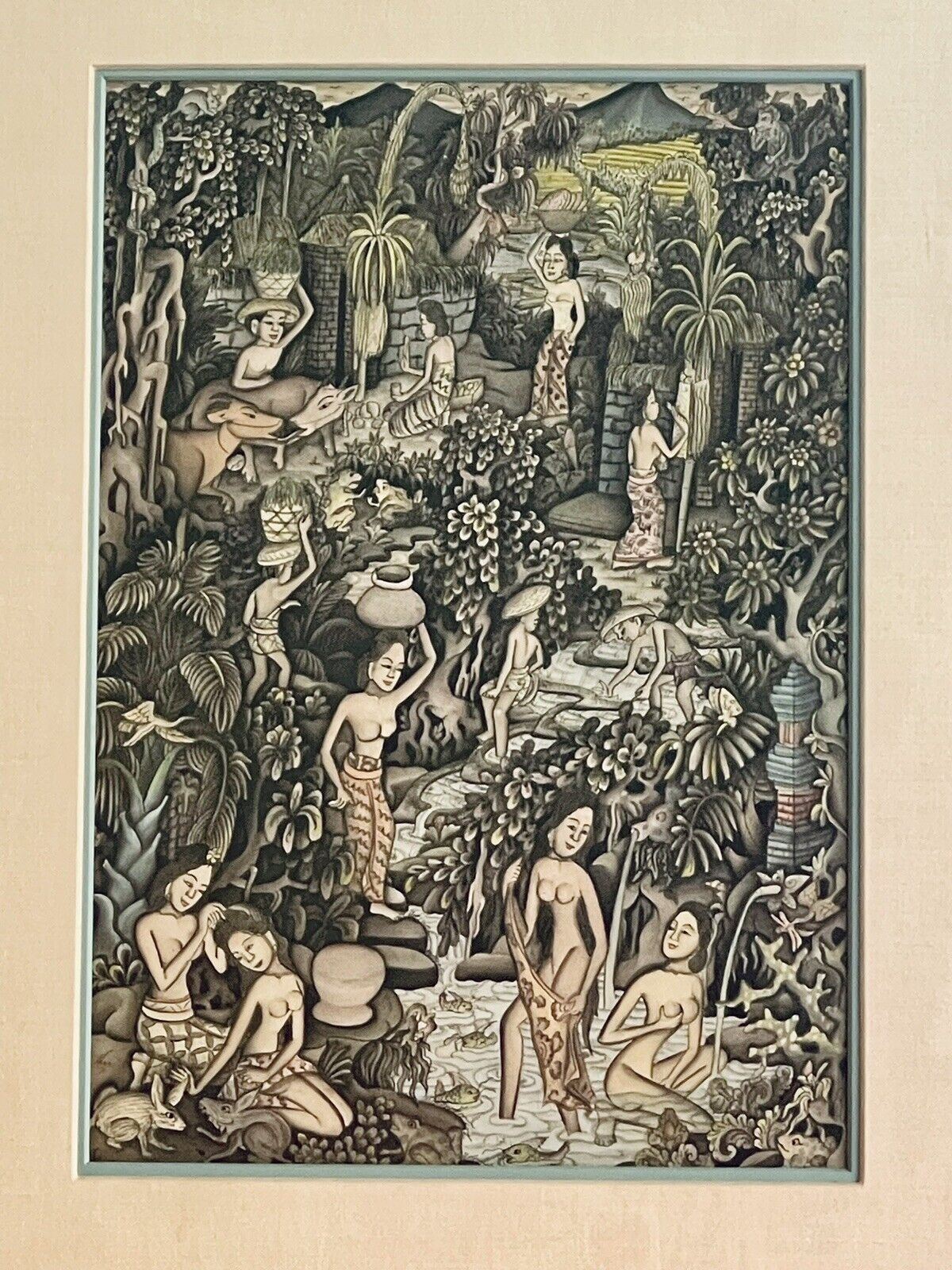 Intricate 1950s Indonesian Batuan Bali Ink & Watercolor Allegorical Painting MCM