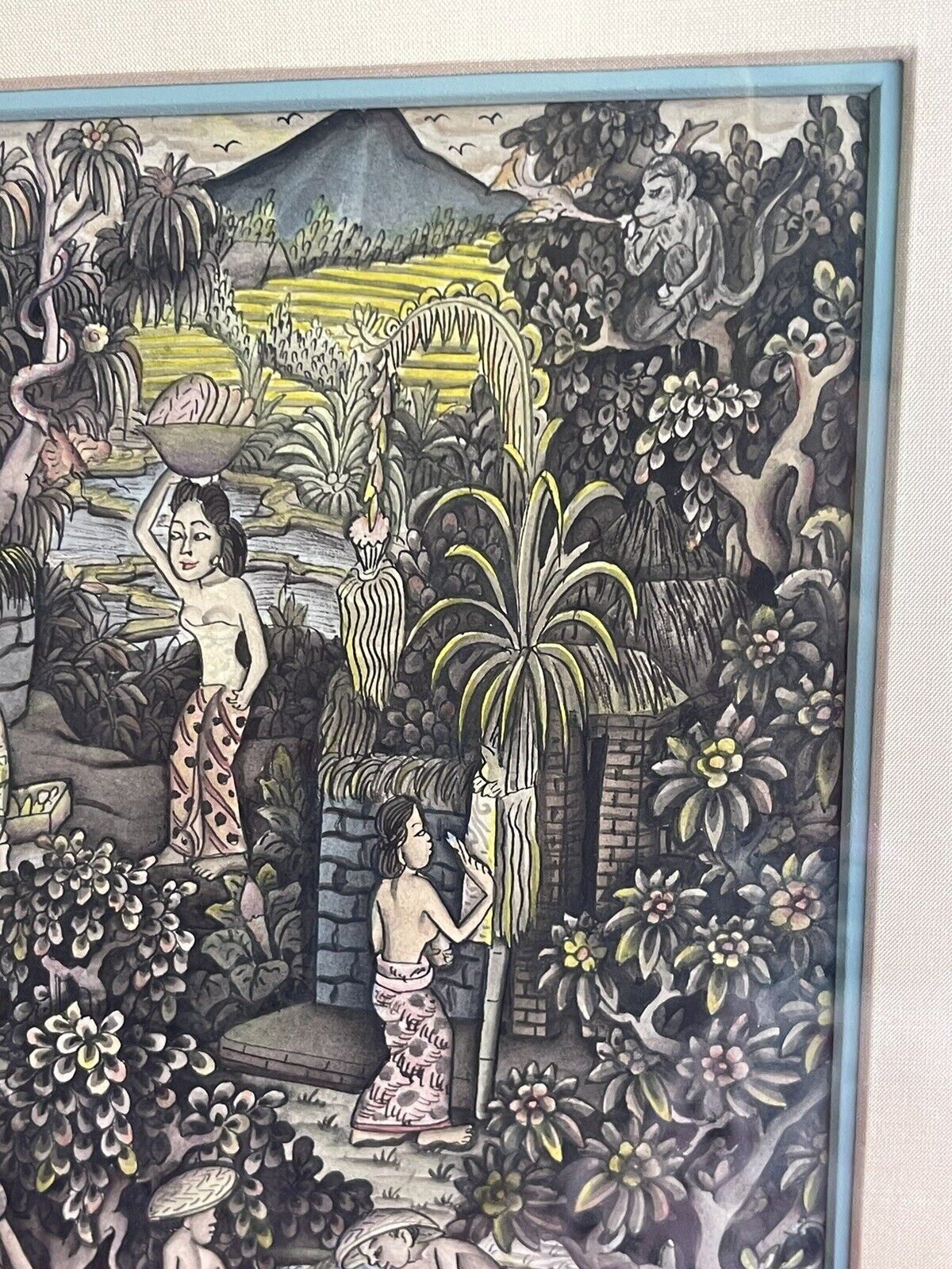 Intricate 1950s Indonesian Batuan Bali Ink & Watercolor Allegorical Painting MCM