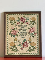 Vtg 70s Embroidery Needlepoint Sampler Art FAITHFUL FRIEND Floral Cottage Retro