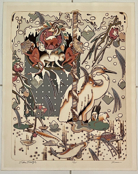 “Snow” 10/25 Sidney Schatzky Hand Colored Collagraph Limited Ed Art Unframed
