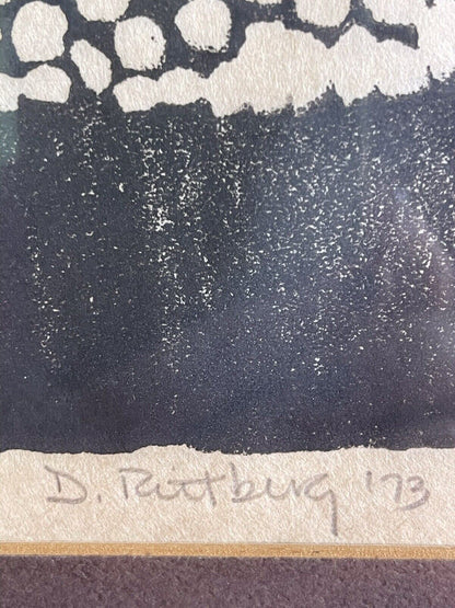 Modernist Urban 1973 Signed Retro Woodblock Print Etching Engraving Vintage