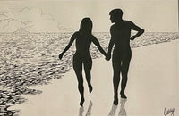 Kitsch Original Ink Gouache 60s 70s Naked Hippie Couple On The Beach by Larry
