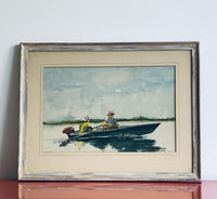Lake Fishermen Original Fine Art Watercolor Gouache Signed Stillman 1988 Framed