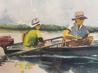 Lake Fishermen Original Fine Art Watercolor Gouache Signed Stillman 1988 Framed