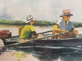 Lake Fishermen Original Fine Art Watercolor Gouache Signed Stillman 1988 Framed