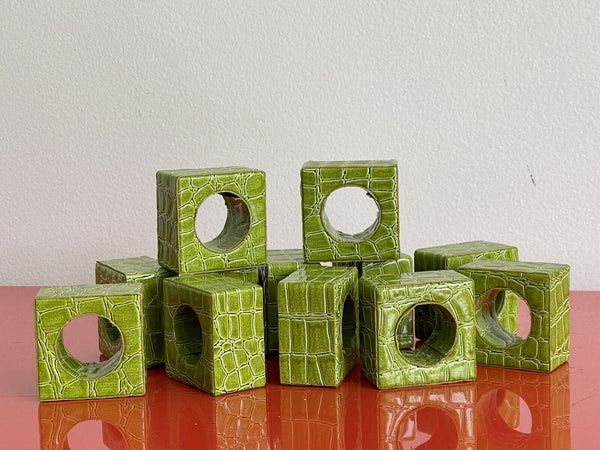 Lime Green Faux Leather Napkin Rings Reptile Embossed Funky Croc Snake (12)