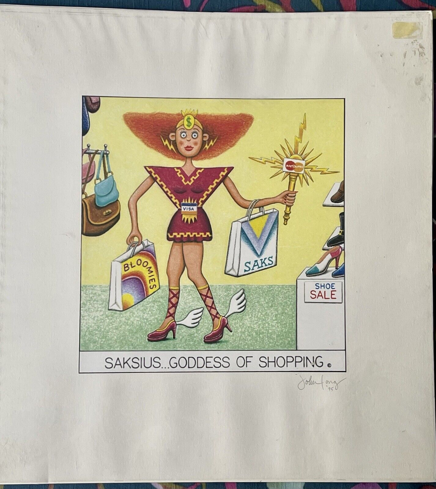 Comic Art Litho Goddess Of Shopping Print Signed John Long 95 Cartoon Shopaholic