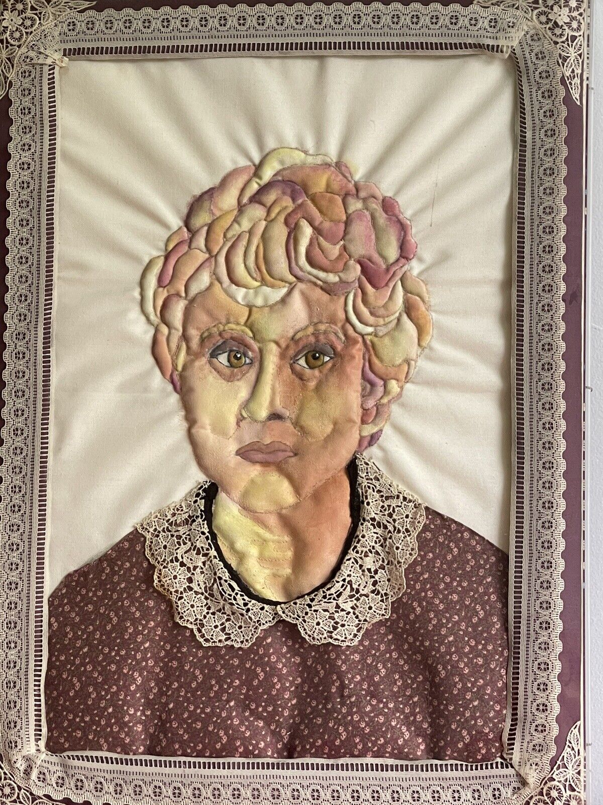 3D Mixed Media Fabric Art Portrait Hand-Painted & Quilted 1980s Lucite Box Frame