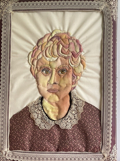 3D Mixed Media Fabric Art Portrait Hand-Painted & Quilted 1980s Lucite Box Frame