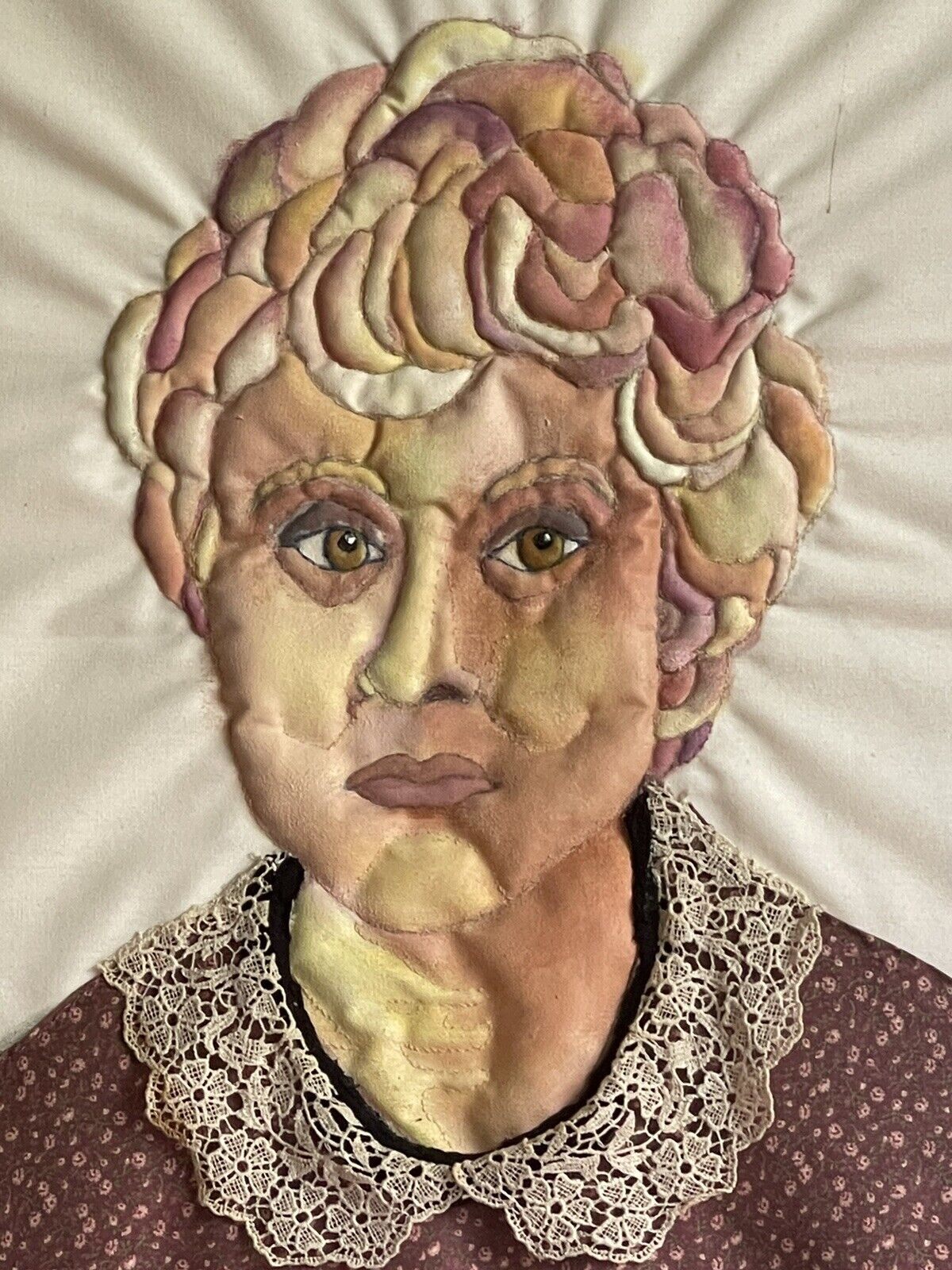 3D Mixed Media Fabric Art Portrait Hand-Painted & Quilted 1980s Lucite Box Frame