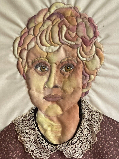 3D Mixed Media Fabric Art Portrait Hand-Painted & Quilted 1980s Lucite Box Frame