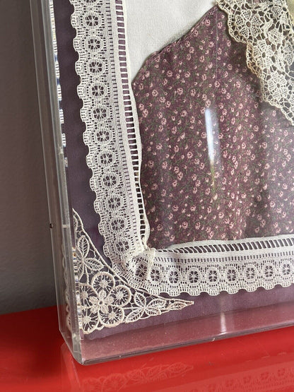 3D Mixed Media Fabric Art Portrait Hand-Painted & Quilted 1980s Lucite Box Frame