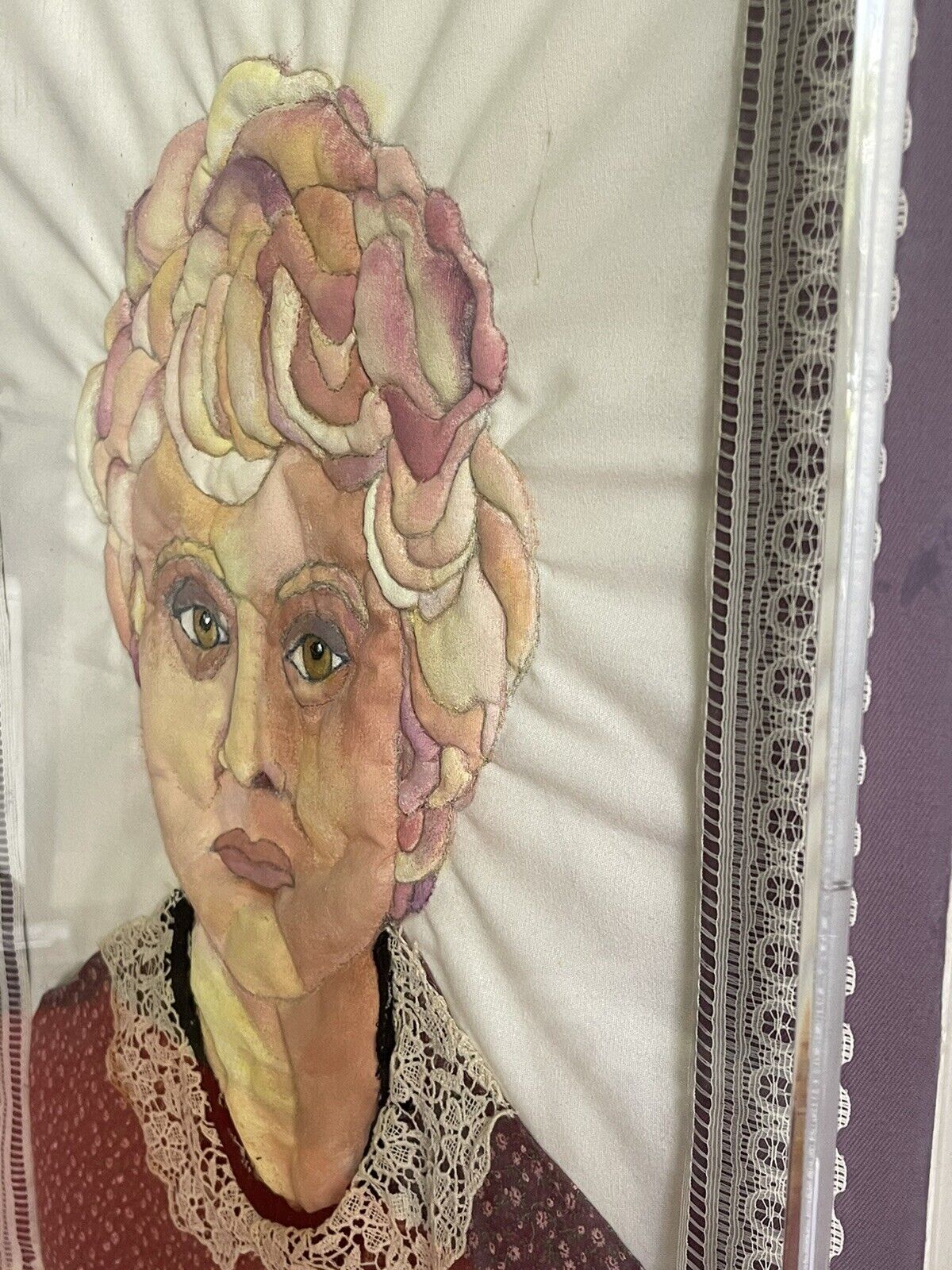 3D Mixed Media Fabric Art Portrait Hand-Painted & Quilted 1980s Lucite Box Frame