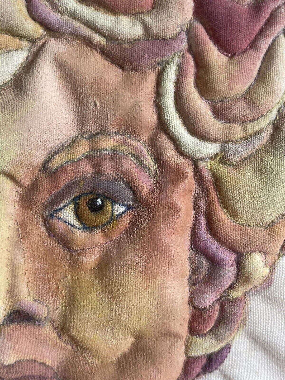 3D Mixed Media Fabric Art Portrait Hand-Painted & Quilted 1980s Lucite Box Frame