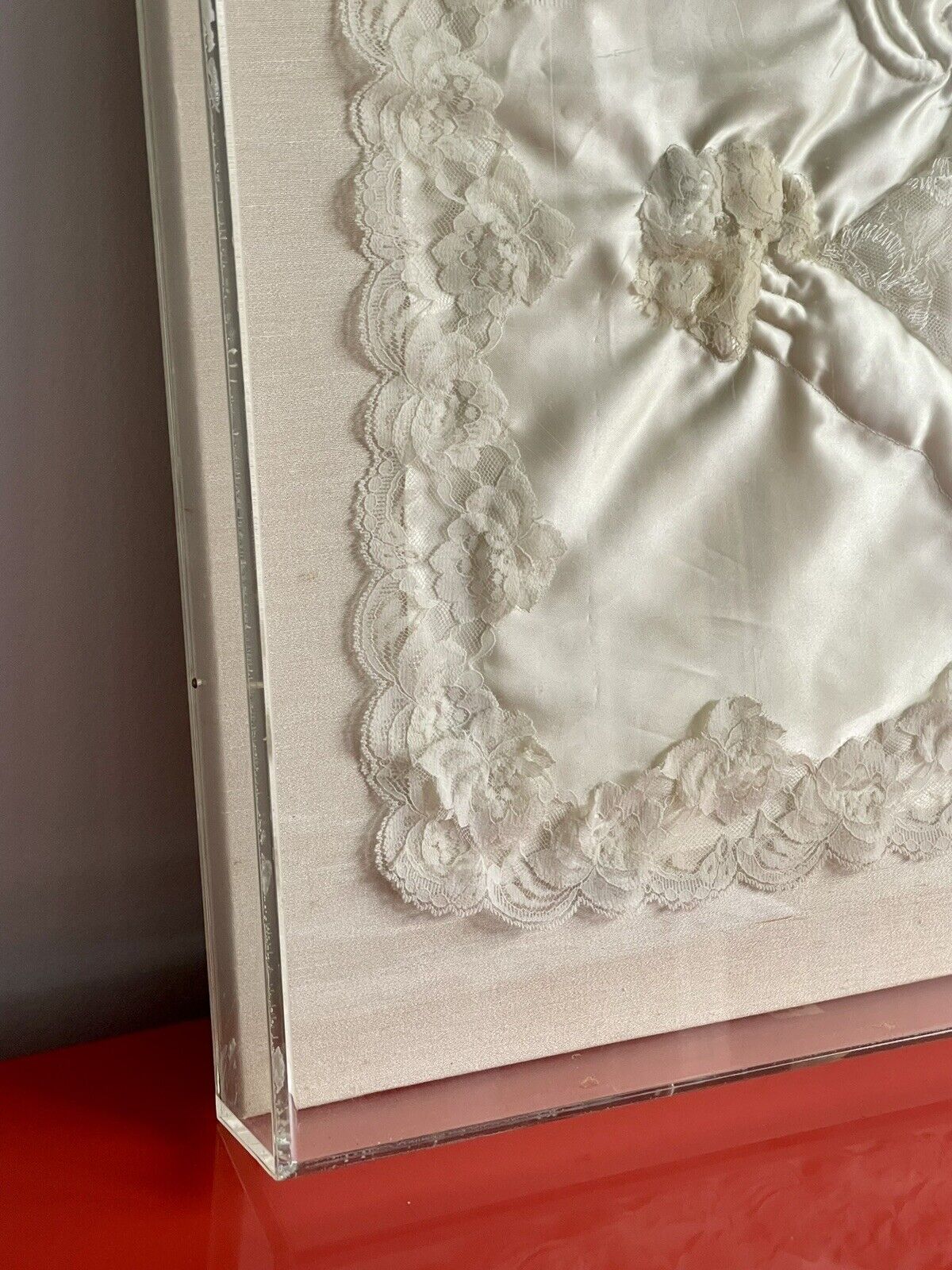 Dimensional Mixed Media Fabric Art Portrait Hand Quilted 1980s Lucite Box Frame