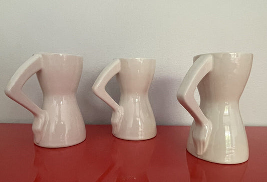 Risqué Mod Ceramic Coffee Mugs Curvy Female Body w/ Hand On Hips Retro Vintage