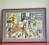 Charming Primitive Postmodern Gouache Painting Orig Naïve Art 39” x 30” Framed