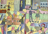 Charming Primitive Postmodern Gouache Painting Orig Naïve Art 39” x 30” Framed