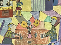 Charming Primitive Postmodern Gouache Painting Orig Naïve Art 39” x 30” Framed