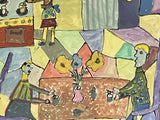 Charming Primitive Postmodern Gouache Painting Orig Naïve Art 39” x 30” Framed